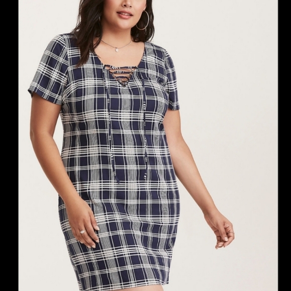 Torrid Preppy challis plaid lace up short sleeve dress large - Picture 1 of 8